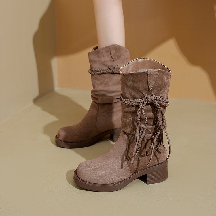 Thick heel retro wasteland fringed knight boots women but knee long tube thin pile medium tube boots tall boots