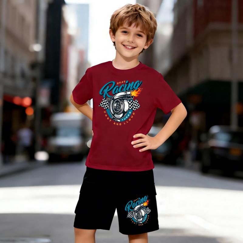Boys 2 Piece Racing Culture Themed Print Outfit, Short Sleeve T-Shirt and Shorts Set for Kids Age 5-14,Black and White Sporty Casual Summer Clothes