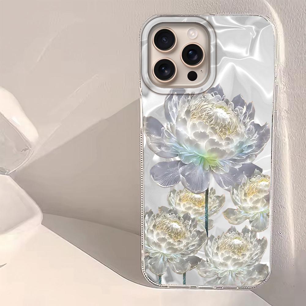 White Peony Lotus Print Women Girls Water Texture Phone Case for Iphone 16 15 14 7 8 Plus 13 11 12 Pro Max X XS XR SE 2022 Cover