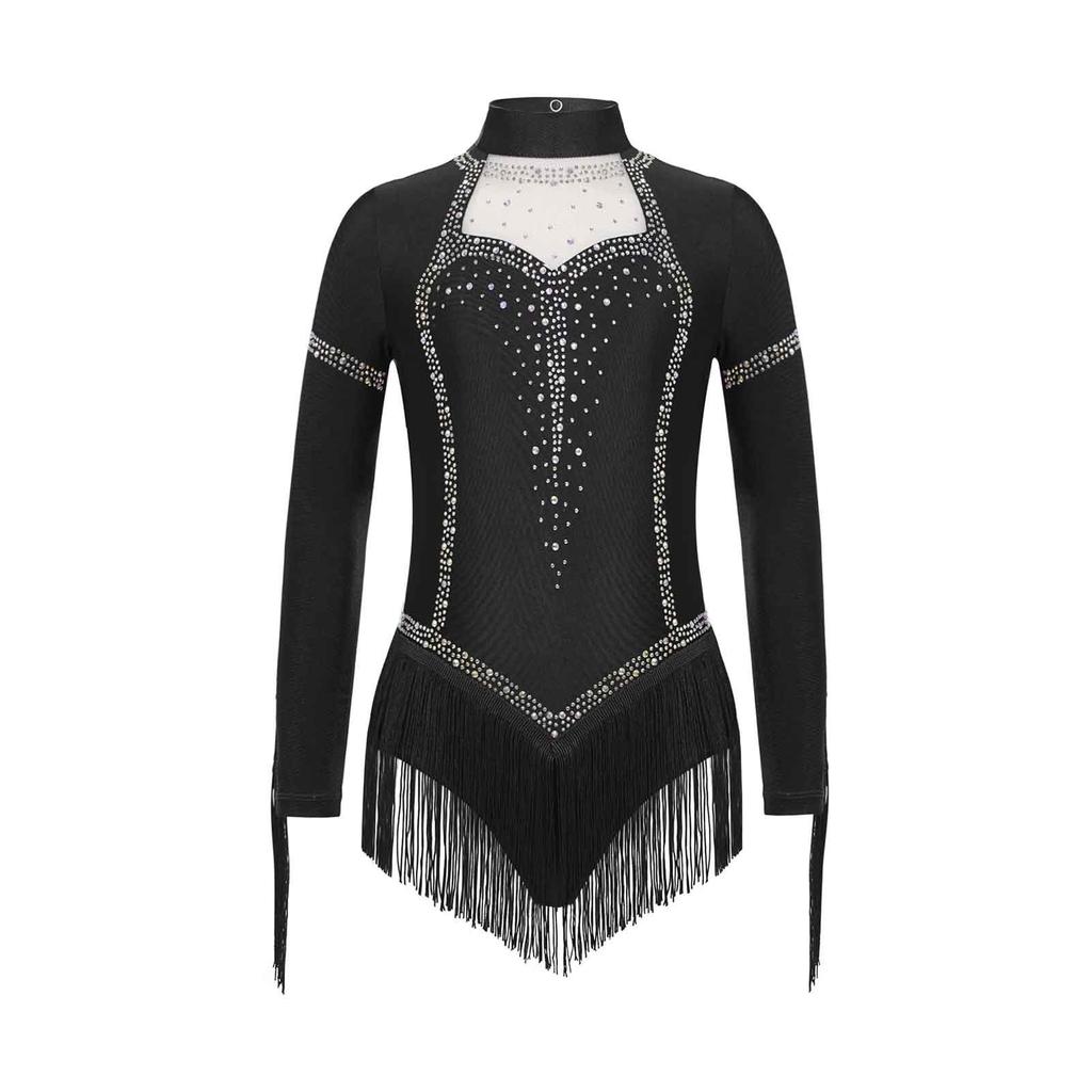Girls Fringe Latin Dance Costume Mock Neck Long Sleeve Keyhole Back Shiny Rhinestones Tassels Leotard