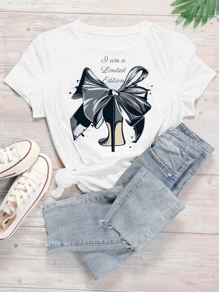 Maycaur New High Heel Wine Glasses Graphic Print T Shirt Women Funny Tshirts Casual White Short Sleeves Tops Tees Feamle Clothes