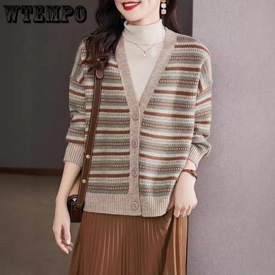 Retro Jacquard Strickjacke für Damen Herbst und Winter Locker V-Ausschnitt Gestrickte Strickjacke Oberteil