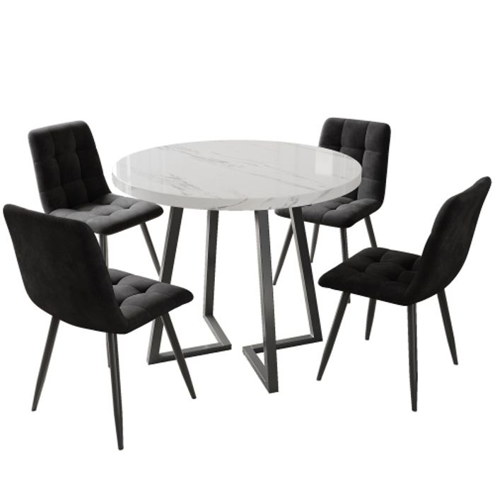 Ensemble de salle à manger - Table ronde 80cm - 4 chaises en velours - Châssis métallique - Design moderne