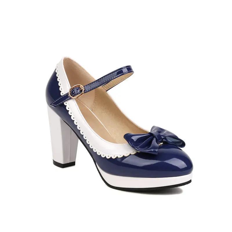 

Lolita Party Shoes Sweet Mary Jane High Heels Women s Bow Pumps Patent Leather Woman Thick Platform Buckle Shallow Shoes 34 темно-синього кольору