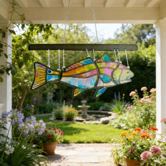 Fish Suncatcher Stained Glass Style Window Hanging Panel Colorful Fish Wind Chimes with Chain for Indoor Outdoor Home Garden Decor Gifts for Fish