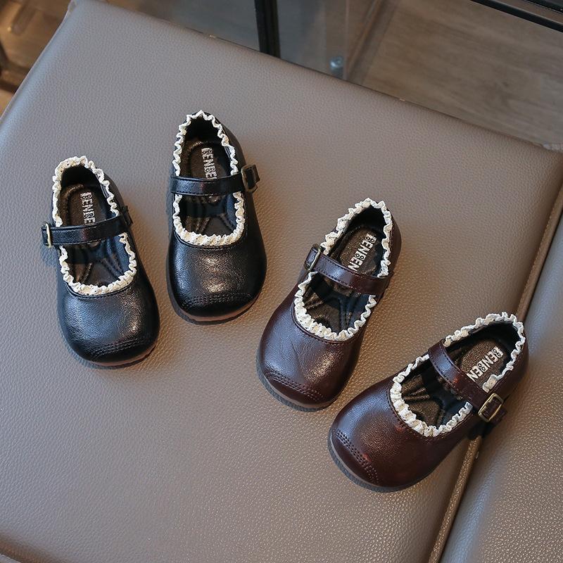 New Children's Flats Simple Lolita Girls Princess Leather Shoes Walking Versatile Sweet Pleated Kids Causal Fashion Shoes