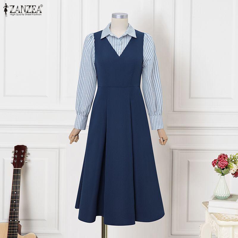 ZANZEA Women Casual Stripe Patchwork Turn Down Collar Long Sleeve Dress