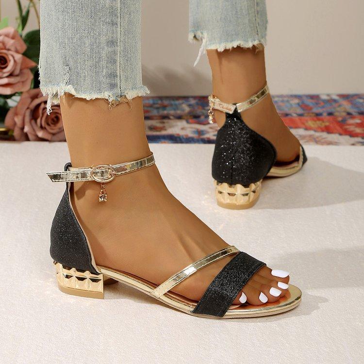 Summer Women s Modern Cover Heel Sandals Ankle Buckle Strap Shoes Bling Crystal Low Heel Dress Sandals 36