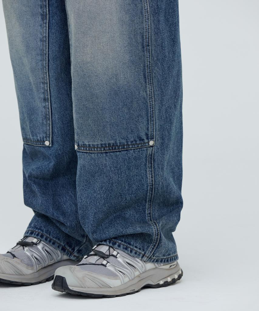 Modenaleudeo Double Knee Wide Denim Pants (Medium Blue)