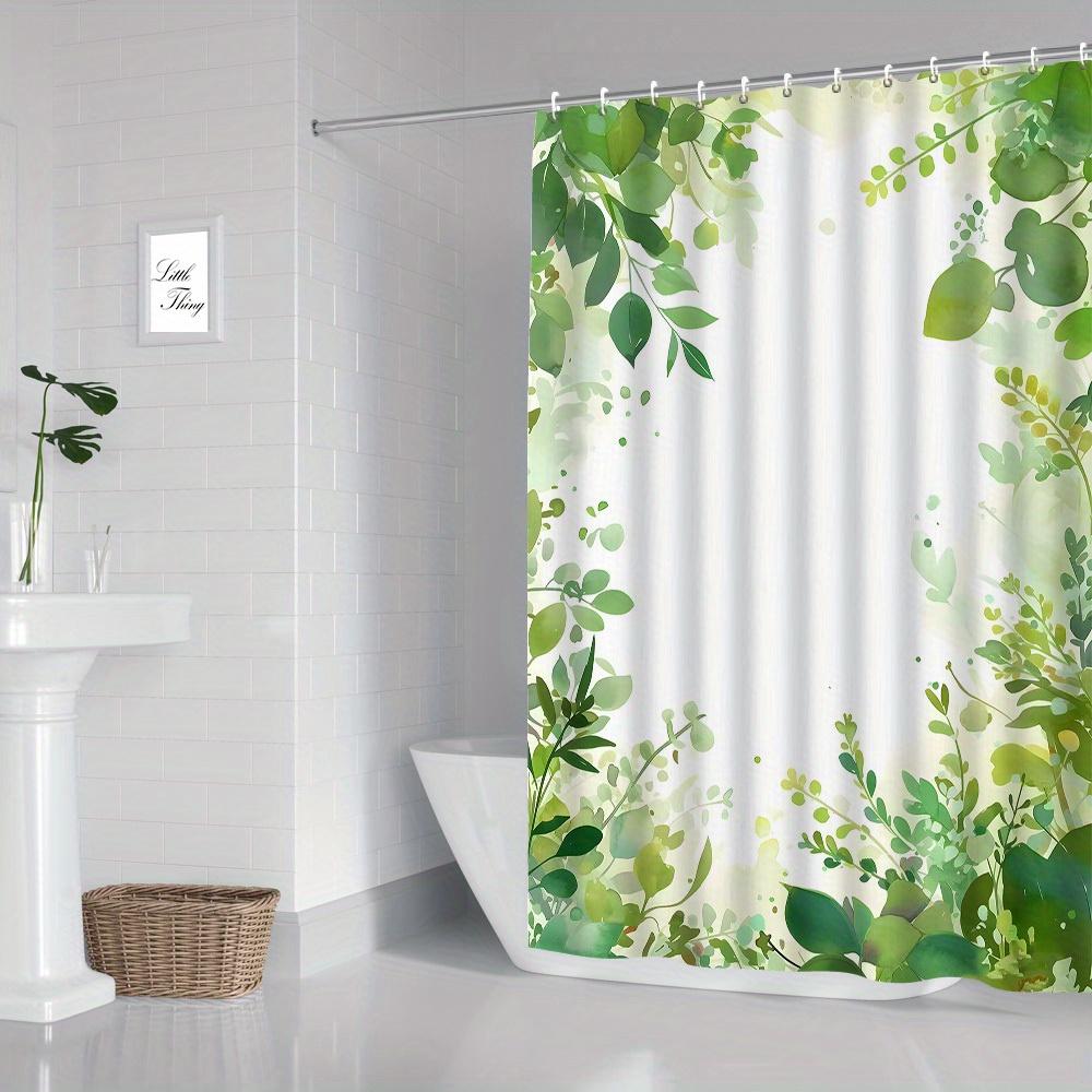 Green Botanical Shower Curtain - Spring Leaf Pattern, Polyester, Hooks Included, Artistic Nature Design For Modern Bathrooms