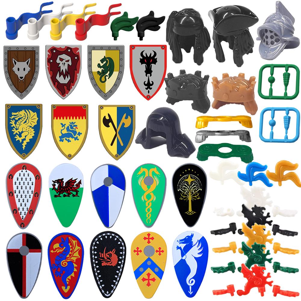 Medieval Military Castle Knight Shield Building Blocks Figures Accessory King Helmet Flags Shoulders Armor Feather Toy Gift T050