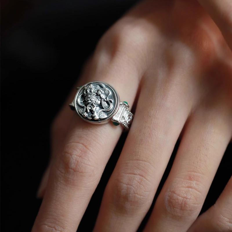 Unique Vintage Tibetan Style Green Zircon Copper Ring For Women With Adjustable Size