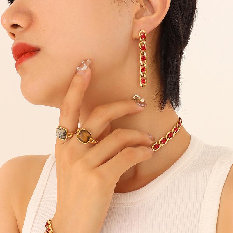 European Style Colorful Cubic Zirconia Jewelry Set with Diamond-Studded Necklace, Light Luxury Bracelet, and Exquisite Earrings