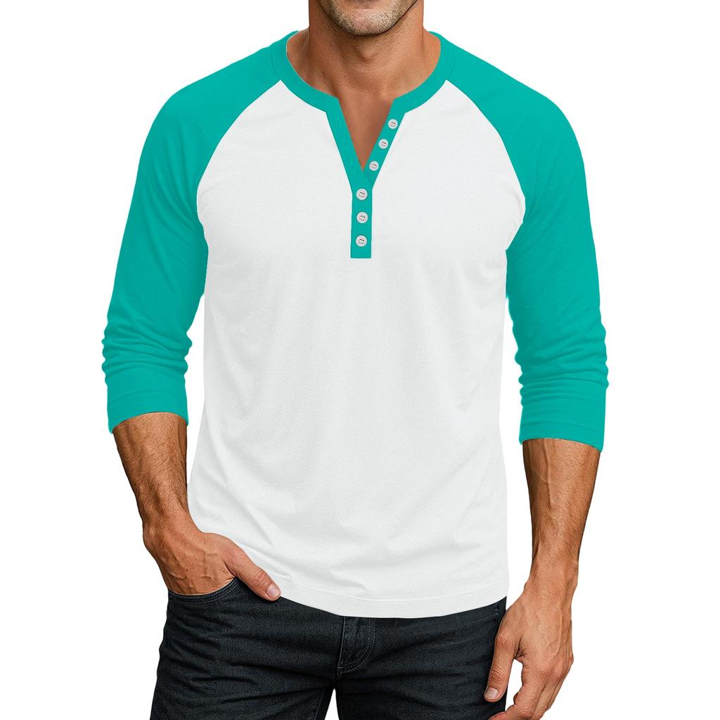 Men's Button-Down Contrast Raglan 3/4 Sleeve Top