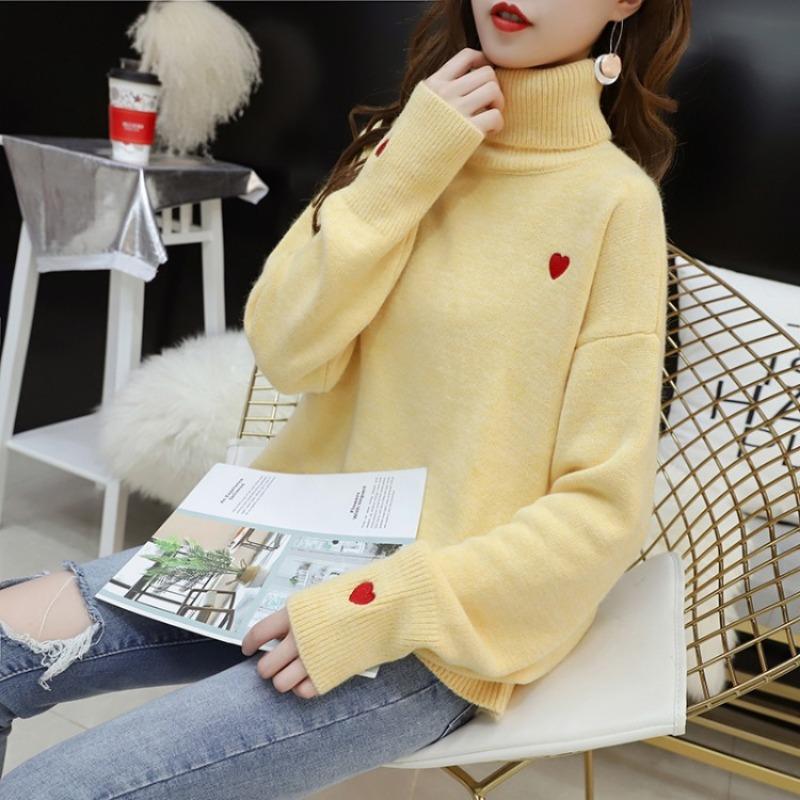 Autumn and winter new pullover sweater women's turtleneck loose and versatile love knitted sweater lazy style top tide