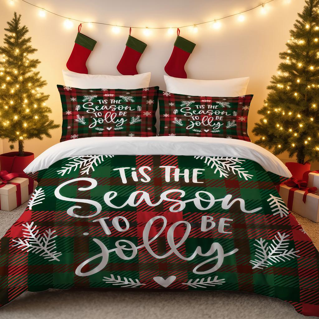 3pcs Checkered Christmas Print Coreless Bedding Set Multiple Size Bedrooms Dormitories All Season Comfortable Machine Washable