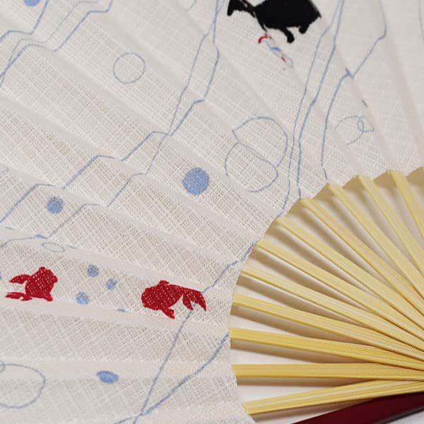 Kimono Cool Play Fan and Fan Case Shell Glossy White with Gift Cat Design [Stylish Iroha] Set, Shape, Finish, Bamboo, Box, (Beige)