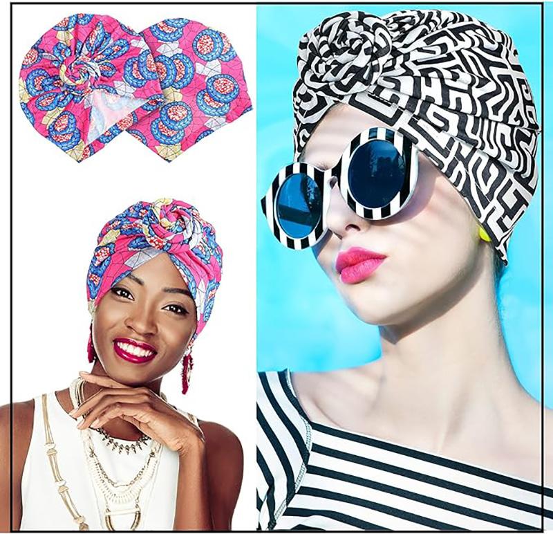 New African Print Pleated Turban Floral Beanie Knot Flower India Head Wrap Elegant Women Chemo Cap Bandana Headwear Head Cover