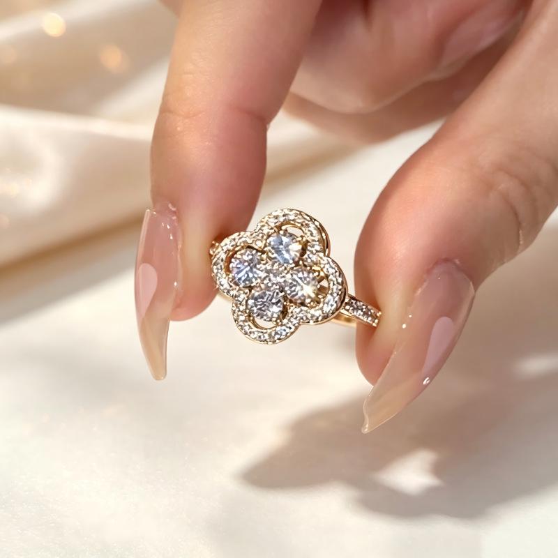 Elegant Double Layer Hollow Diamond Four-Leaf Clover Flower Open Ring for Women's Index Finger