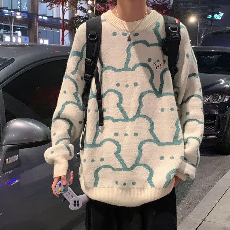 

Men s Wine Red Japanese-Style Cartoon Wool Sweater - Autumn/Winter, Unisex, Round Neck, Loose Fit M зелений