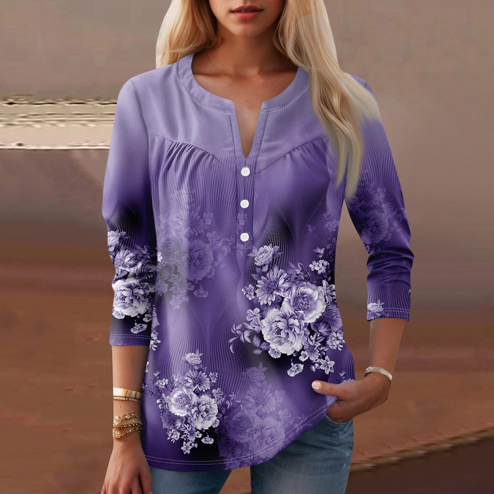 

Женская мода повседневная три четверти рукав V-образный вырез цветочный принт топ S фиолетовый