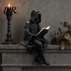 Hooded Figurine Gothic Dark Fantasy Reading Figurine, Mystery Figure Sculpture, Decor Statue Resin Sitting Grim Reaper for Bookshelf, Desk Home