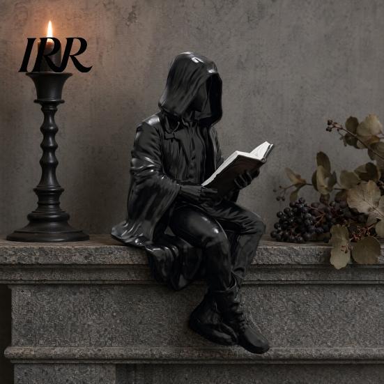 Hooded Figurine Gothic Dark Fantasy Reading Figurine, Mystery Figure Sculpture, Decor Statue Resin Sitting Grim Reaper for Bookshelf, Desk Home