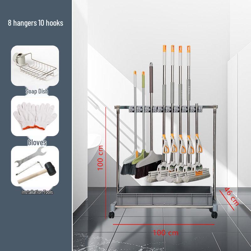 Movable Stainless Steel Mop Storage Rack with Hooks for Floor-Standing Draining in Schools and Factories