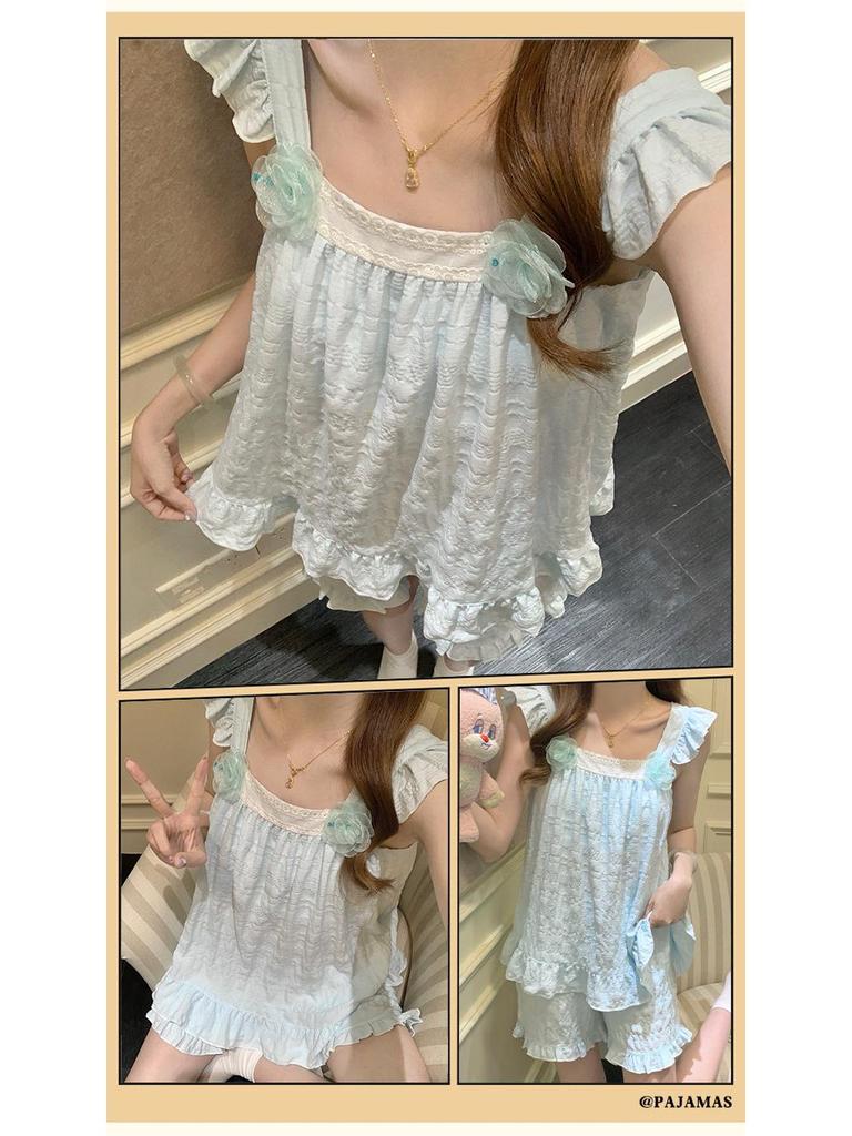 2026 Sweet Princess Style Women's Summer Pajama Set: Built-In Bra Jacquard Cloud Cotton Camisole