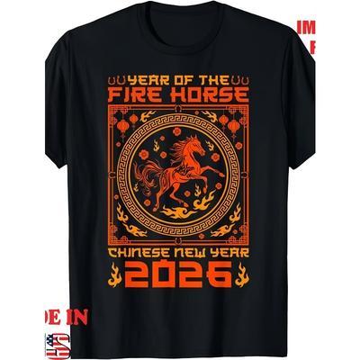 T-shirt Taglia Europea Anno del Cavallo di Fuoco Capodanno Cinese 2026, Maglietta da Adulto per Donna Estate 2025 T-shirt Stampata a Maniche Corte