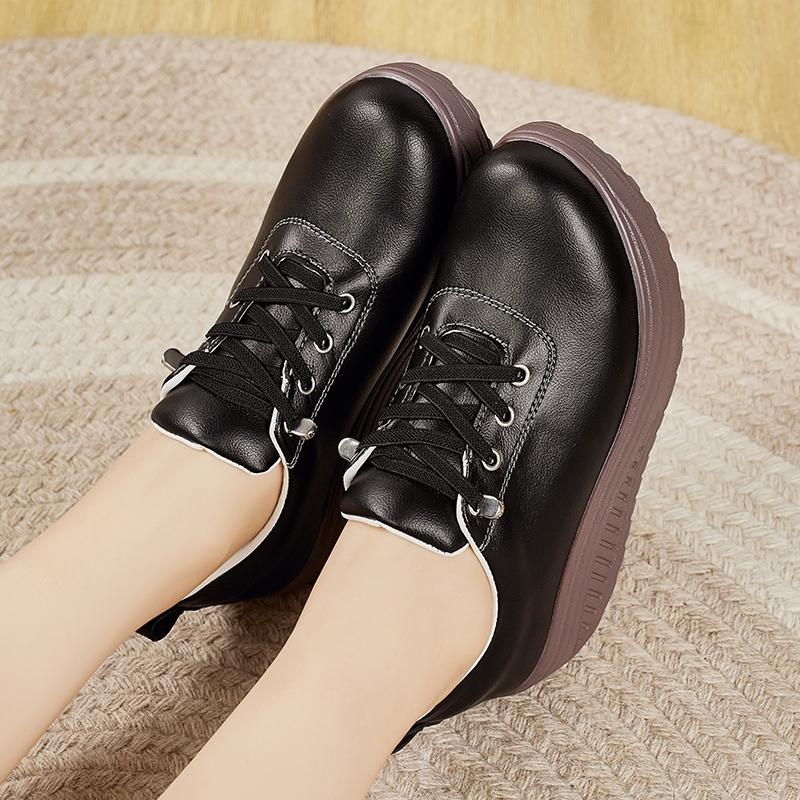 Women Platform Loafers Black Casual Leather White Shoes Thick Sole Height Increase Shake Shoes