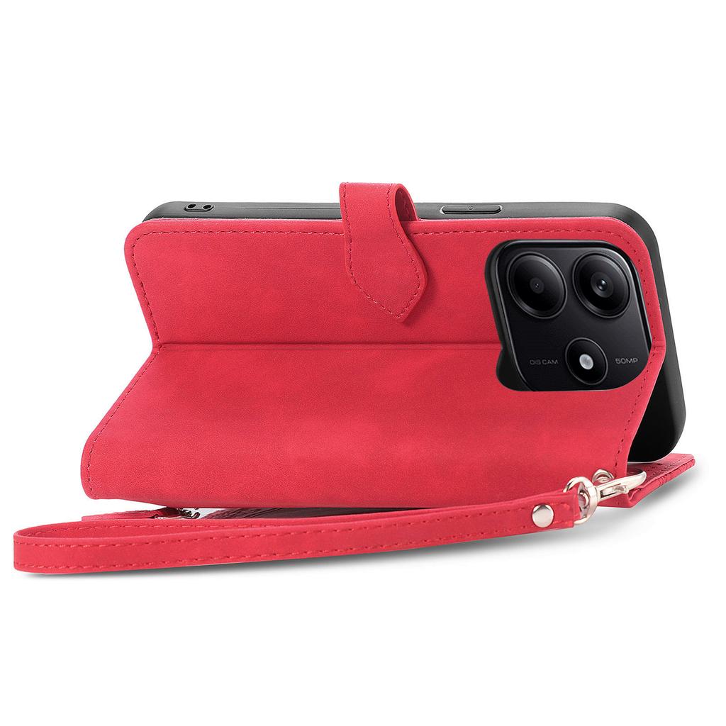 For Xiaomi Redmi Note 14 5G Zipper Wallet Case with Strap Flower Imprint PU Leather Phone Cover