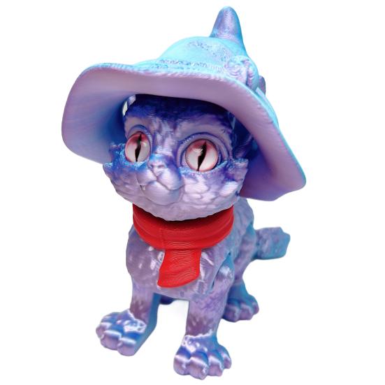 3D Printed Articulated Cat Wizard Hat Cat Ornament Wearing Red Scarf Big Eyes Cat Fidget Toy with Flexible Joints for Stress Relief Desktop Decoration