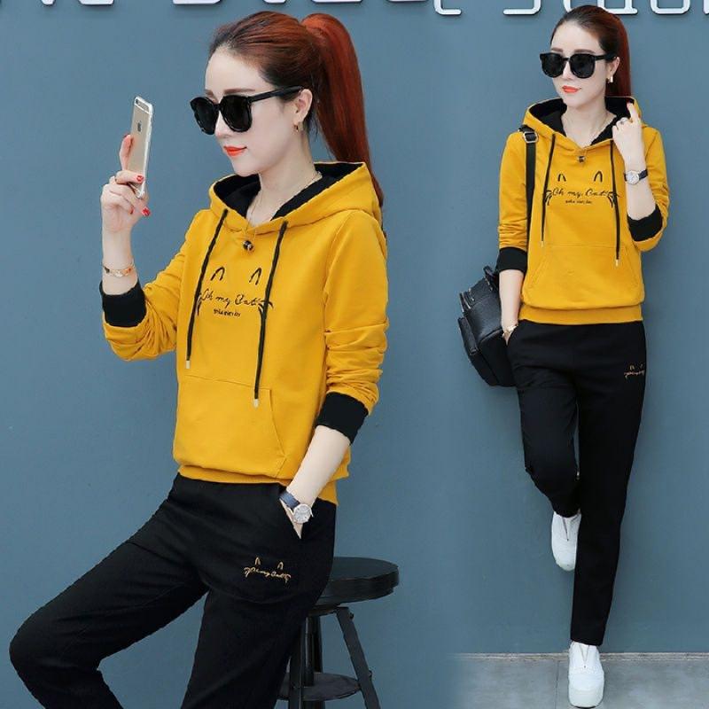 Embroidered Hooded Autumn Casual Sports Suit for Women Korean Style Loose Long-sleeved Student Two-piece Set