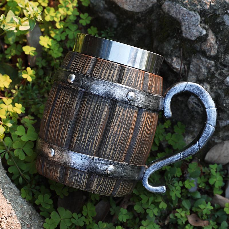 Creative Handmade Wooden Barrel-Style Stainless Steel Beer Mug, Large Capacity