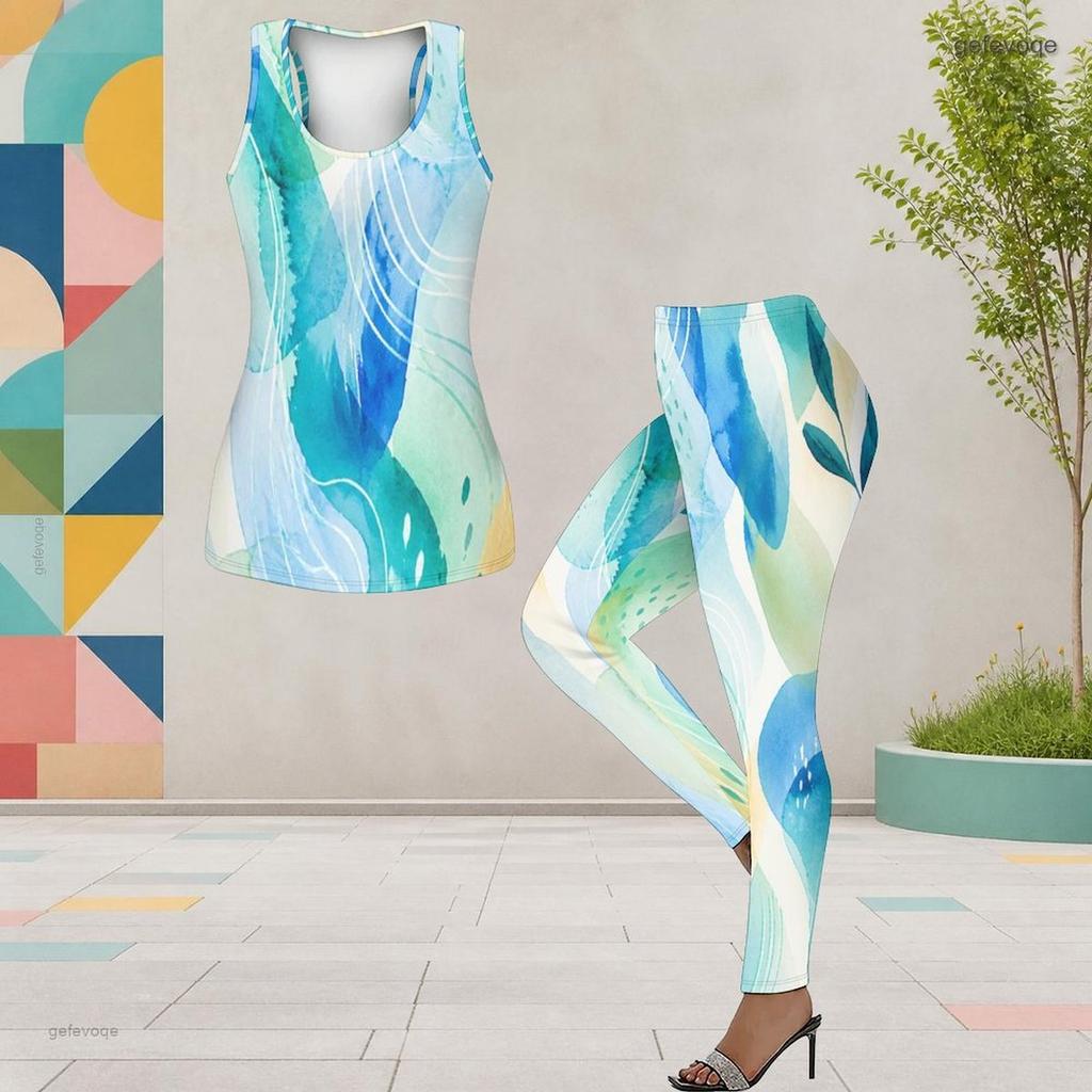 Women Plus Size Two Piece Set Scoop Neck Sleeveless Tank Top Fitted Tie Dye Printed Pants