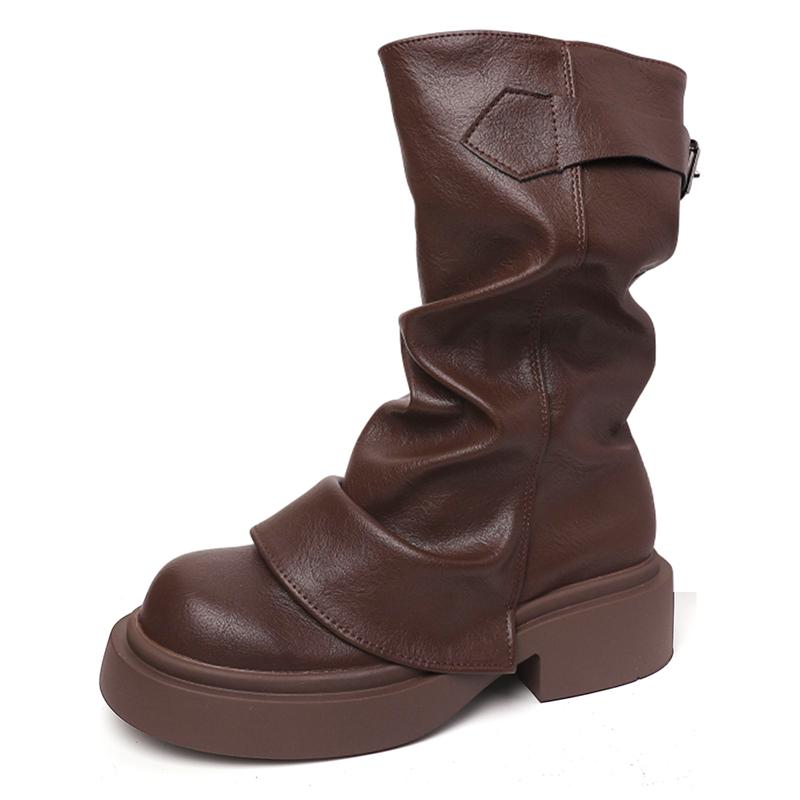 Autumn Vintage Thick Bottom Woman Knight Boot Fashion Belt Buckle Ladies Concise Slip On Short Booties