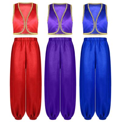 Boys Arabian Prince Costume Open Front Vest and Satin Bloomers Pants Set Halloween Theme Party Outfit