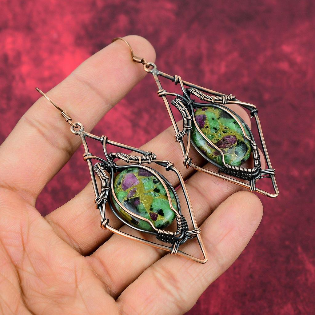 Copper Ruby Zoisite Earring Copper Wire Wrapped Earrings Handmade Earring Ruby Zoisite Jewelry Gemstone Earring Gifts For Her Copper Jewelry
