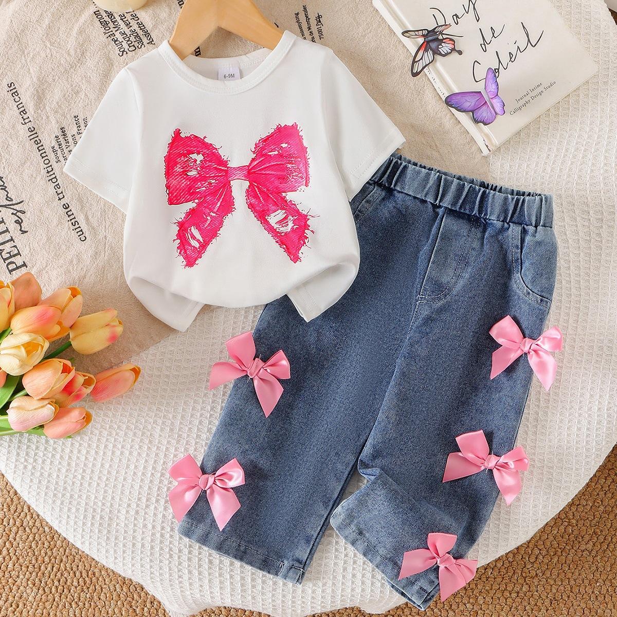 

Girls Fashion Set - Summer Children s Casual White T-shirt with Real Butterfly + 3D Butterfly Knot Washed Water Buffalo Jeans Set 2-3y білий