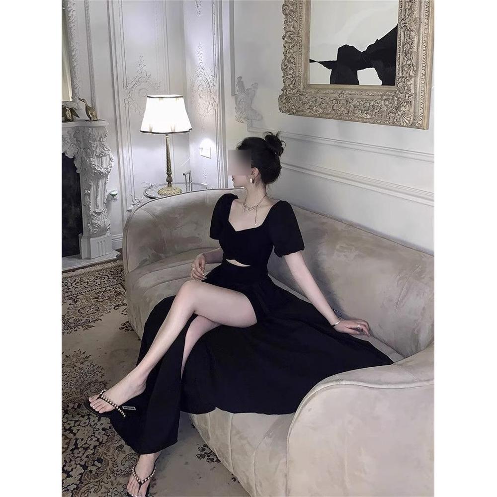 Black dress children's summer new elegant charm versatile waist thin split dress