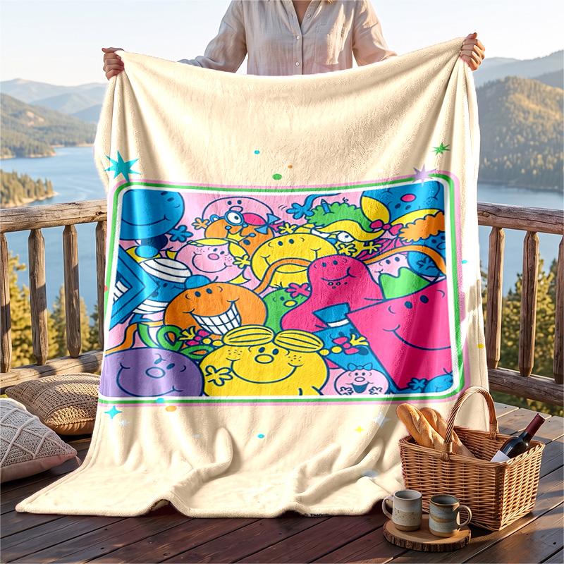 Warm Flannel Blanket Mr. Men & Little Miss Pattern, Lightweight Comfortable Throw Blanket for Bed Sofa Use