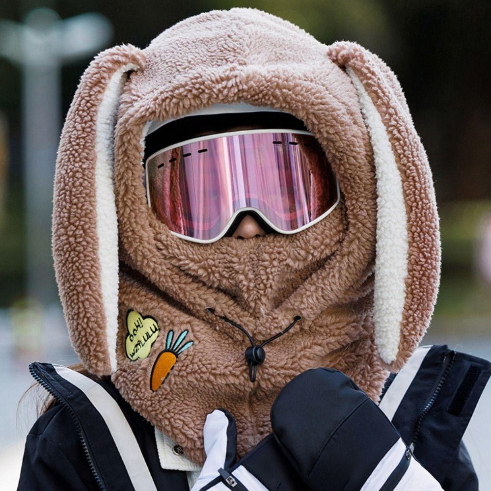 Drawstring Masks Hood Beanies Cartoon Fleece Pullover Cap Rabbit Ear Balaclava Hat  Girls