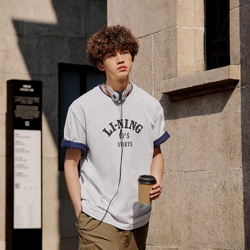 Li-Ning Weekend Youth Loose Soft Comfortable Crew Neck Casual Sports Short Sleeve T-Shirt Unisex T-Shirt Crescent-Flower-Gray AHSU683-1