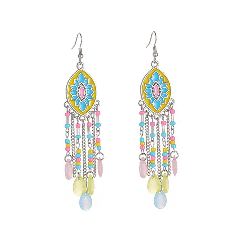 Bohemian Enamel Flower Water Drop Earrings for Women Ethnic Vintage Multicolor Beaded Long Earrings Vacation Daily Jewelry