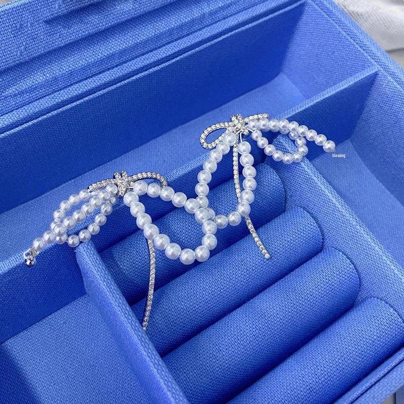 Hejia Exaggerated Ribbon Pearl Line Sterling Silver Earrings for Women - Korean Style Luxury