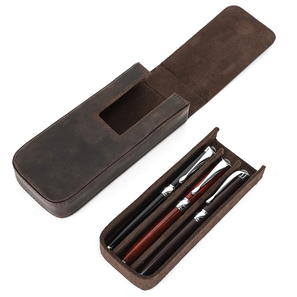 

Hiram Fountain Pen Brown Crazy Horse Split Pen Storage Holds 3 Pens Case, Leather, Magnet, Design, Box,