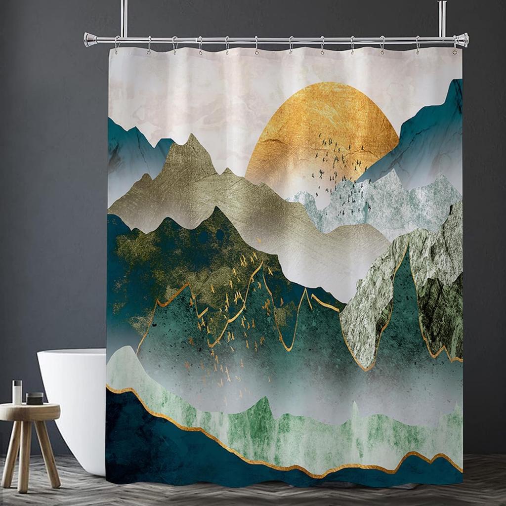 Mountain Japanese Shower Curtain Asian Anime Teal and Golden Zen Shower Curtain Sets, Yellow Sun Sunset Landscape Curtain for