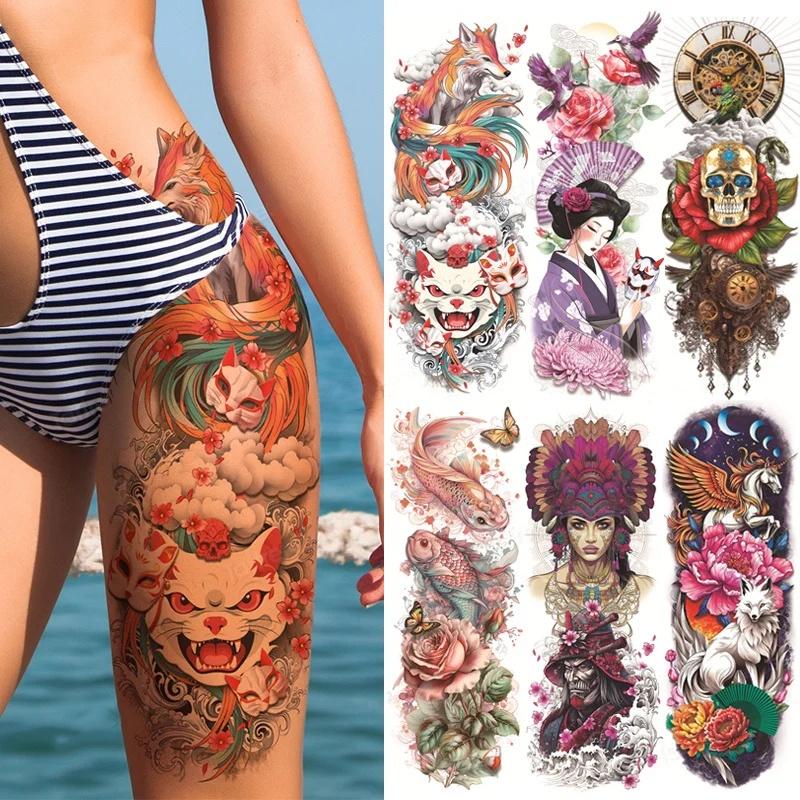 1pc Large Temporary Tattoos for Women Leg Tattoo Sexy Body Painting Cat Wolf Fox Anime Skull Fake Tattoo Stickers Water Transfer