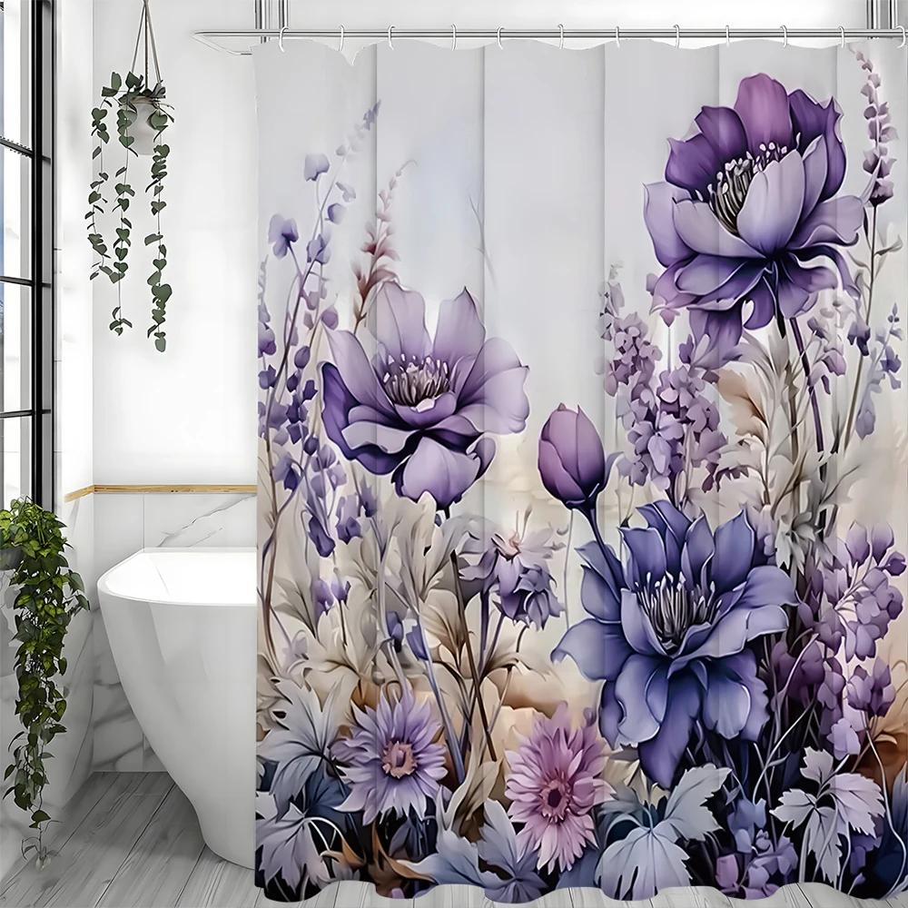 Purple Floral Flower Decorative Shower Curtain, Bathroom Decorative Shower Curtain, Waterproof Shower Curtain with Hooks